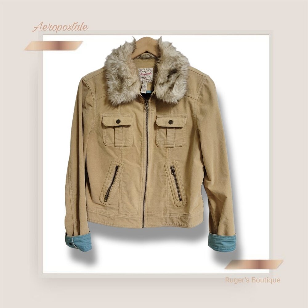 🌿 Aeropostale Women's Large Faux Fur Tan Corduroy Fall Jacket - Picture 3 of 11